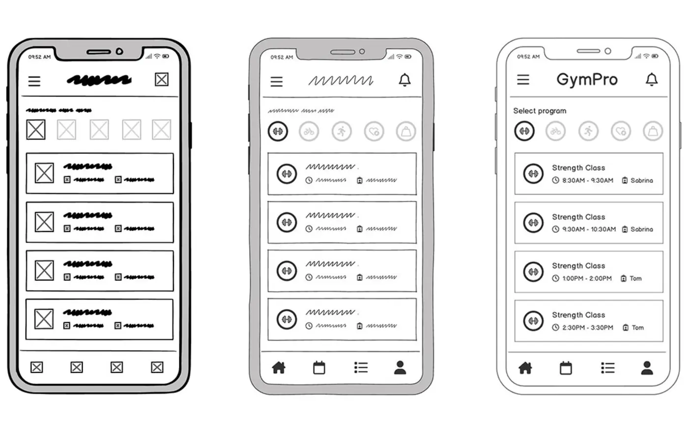 Hand-drawn mobile app wireframes on paper
